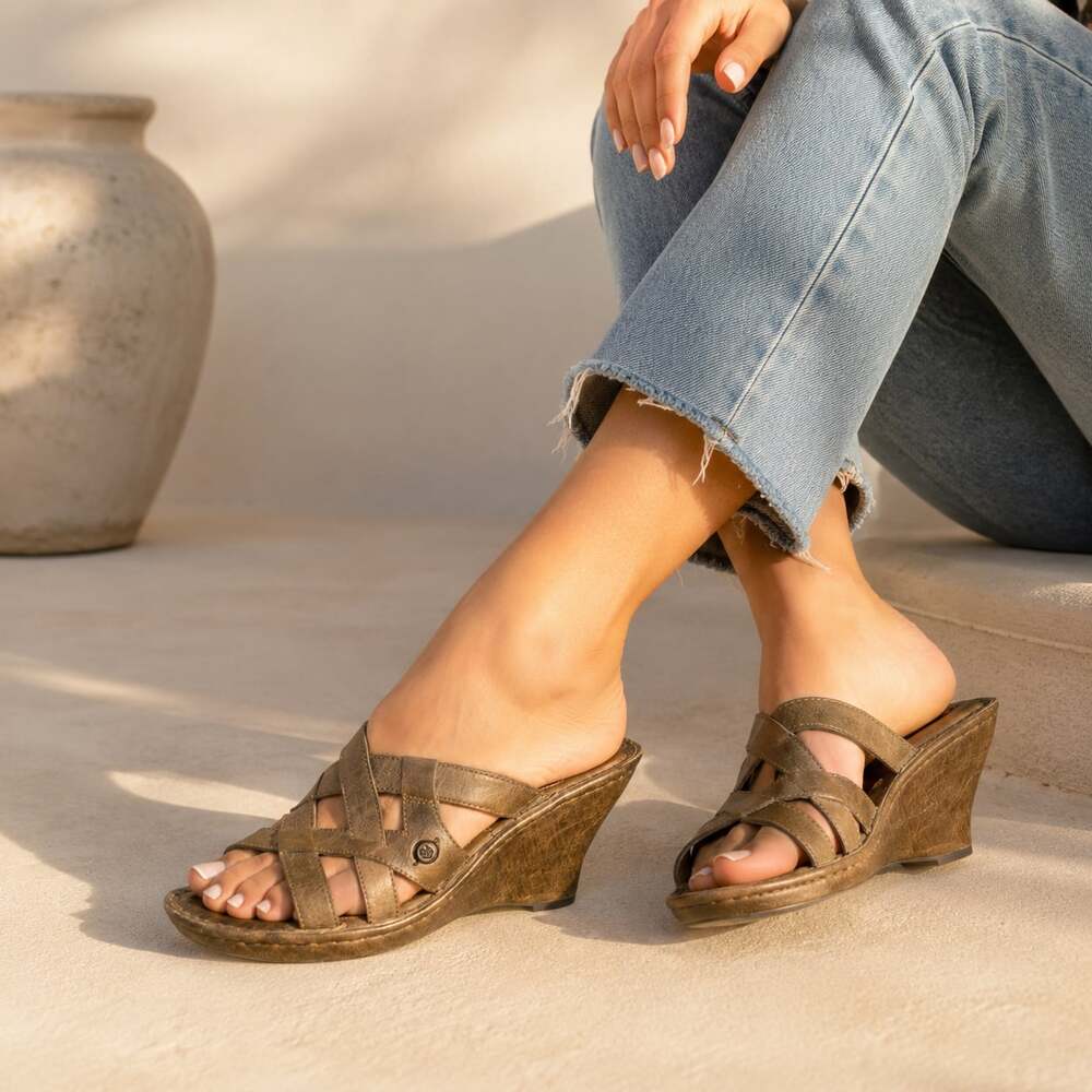 Børn Bronze Leather Strappy Wedge Slide Sandals Comfort Shoes Women’s 9